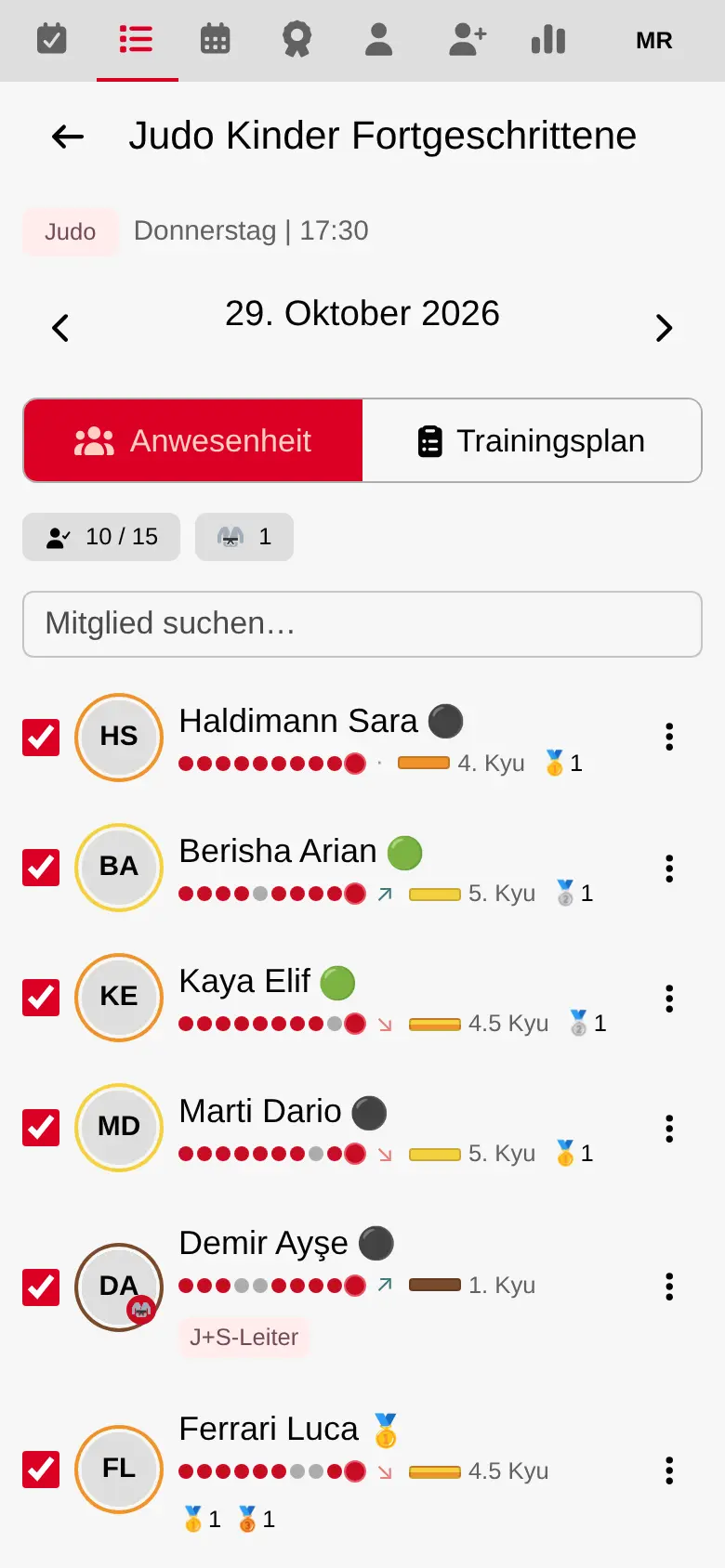 Präsenzliste eines Trainings auf dem Handy