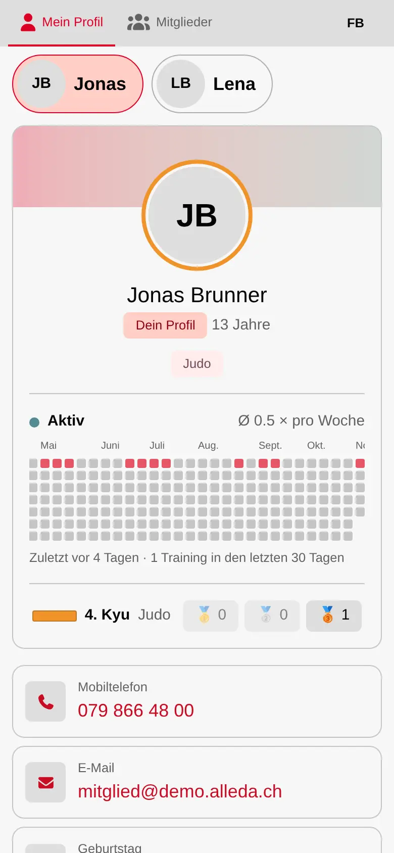 Mitgliederbereich auf dem Handy mit Profil, Gurt und Abzeichen