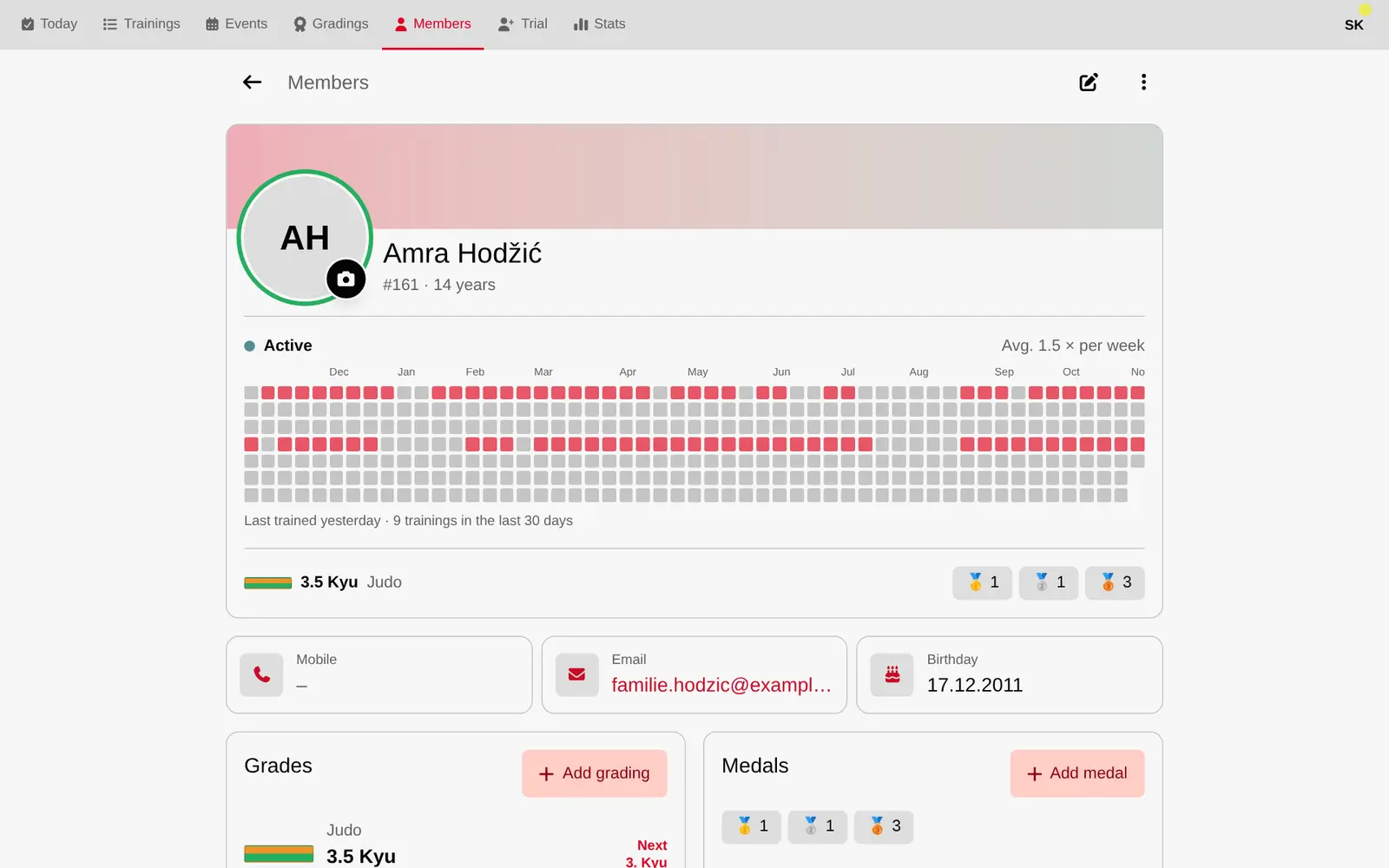 Member profile in Alleda with belt history, medals, badges and training calendar