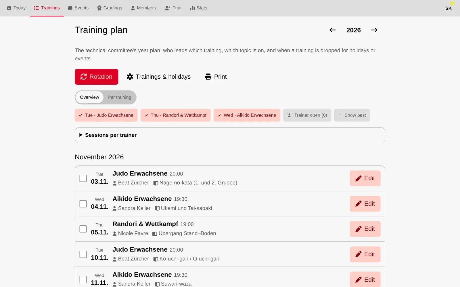 Year plan with trainers, topics and holidays