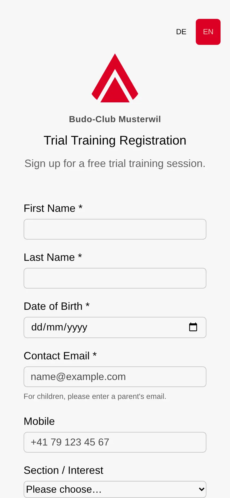Public sign-up form for a trial training on a phone