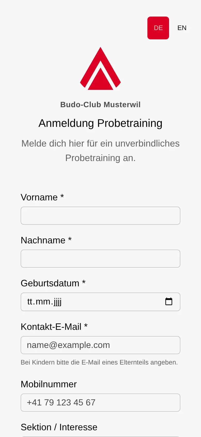Öffentliches Anmeldeformular für ein Probetraining auf dem Handy